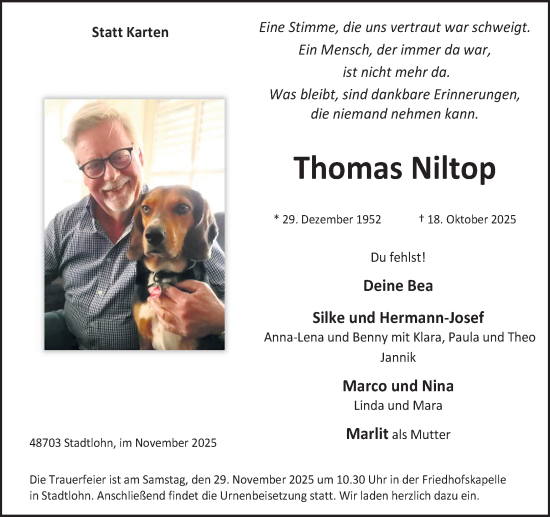 Traueranzeige von Thomas Niltop von Münsterland Zeitung
