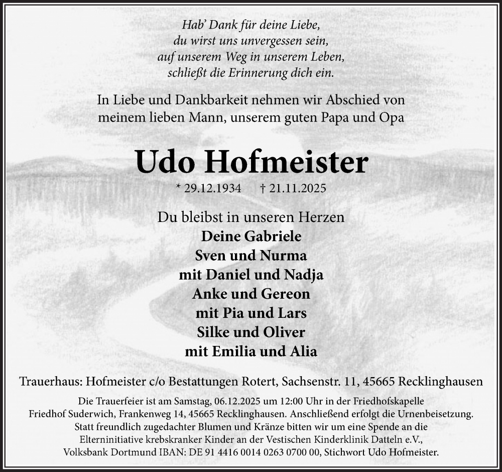  Traueranzeige für Udo Hofmeister vom 29.11.2025 aus Trauer Vest