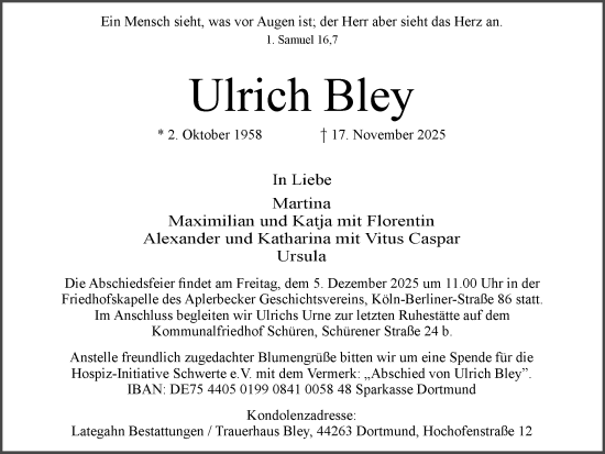 Traueranzeige von Ulrich Bley von Ruhr Nachrichten