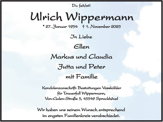 Traueranzeige von Ulrich Wippermann von Ruhr Nachrichten