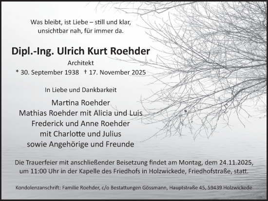 Traueranzeige von Ulrich Kurt Roehder von Hellweger Anzeiger