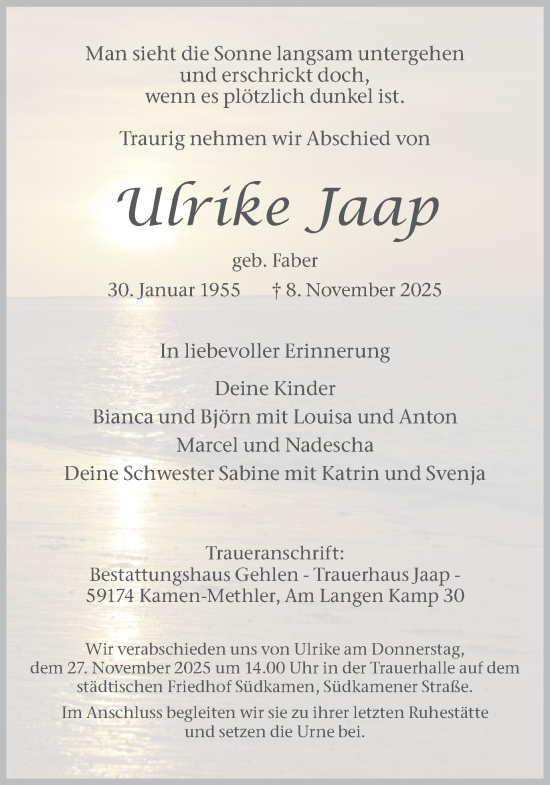 Traueranzeige von Ulrike Jaap von Hellweger Anzeiger