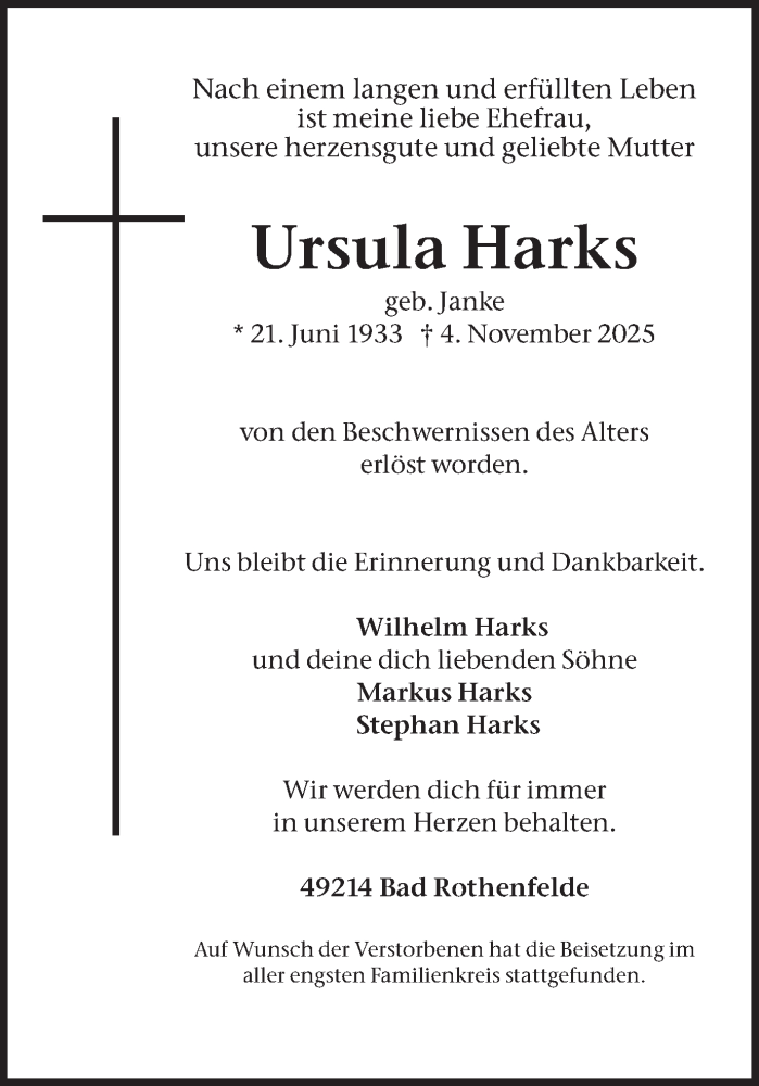  Traueranzeige für Ursula Harks vom 15.11.2025 aus Ruhr Nachrichten
