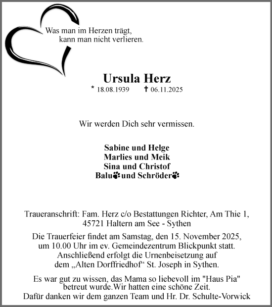 Traueranzeige von Ursula Herz von Ruhr Nachrichten und Halterner Zeitung