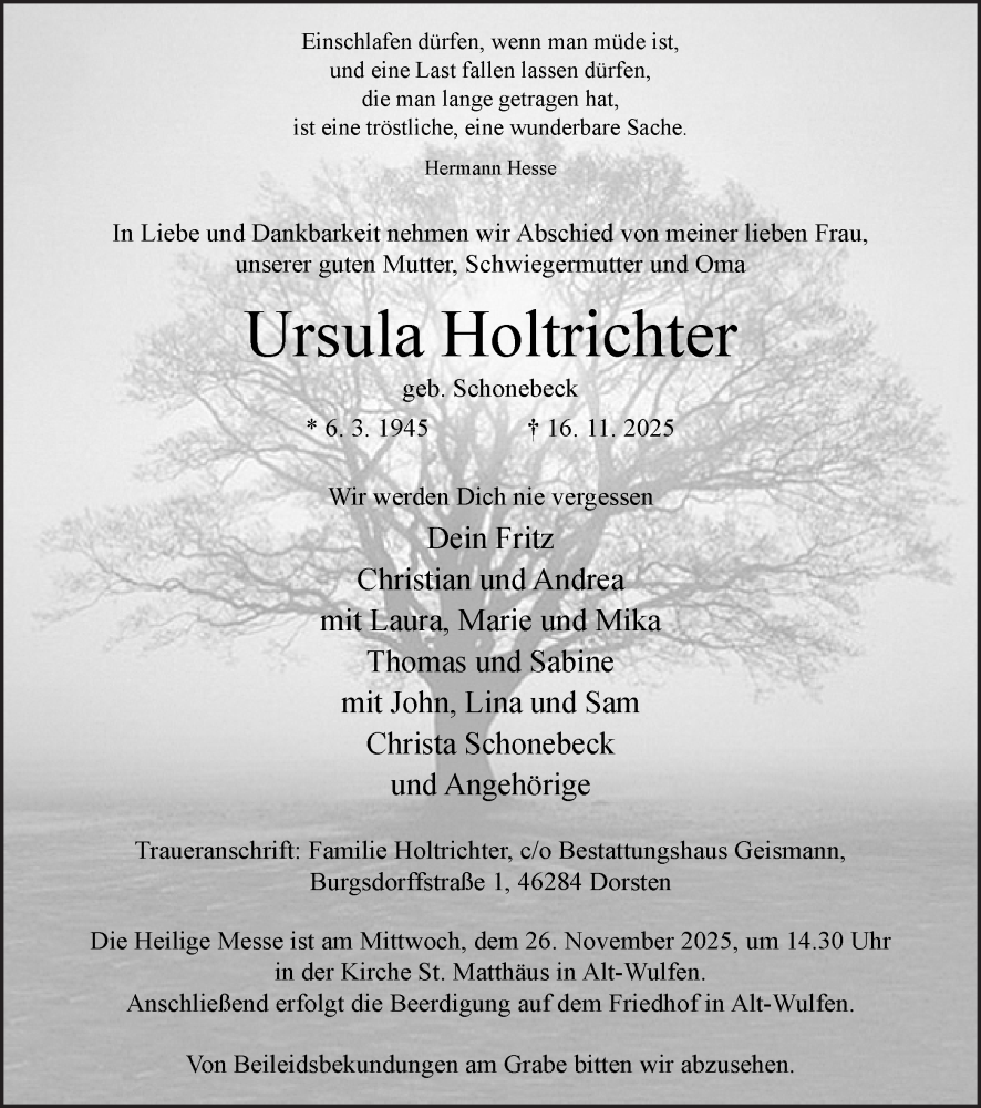  Traueranzeige für Ursula Holtrichter vom 22.11.2025 aus Ruhr Nachrichten und Dorstener Zeitung