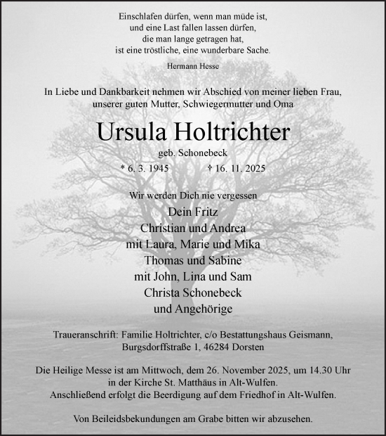 Traueranzeige von Ursula Holtrichter von Ruhr Nachrichten und Dorstener Zeitung