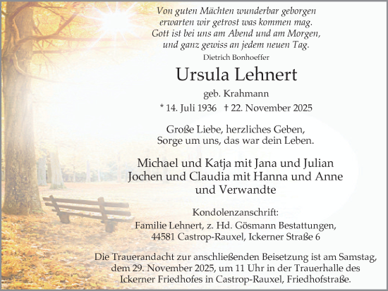 Traueranzeige von Ursula Lehnert von Ruhr Nachrichten