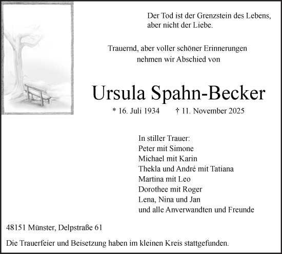 Traueranzeige von Ursula Spahn-Becker von Ruhr Nachrichten