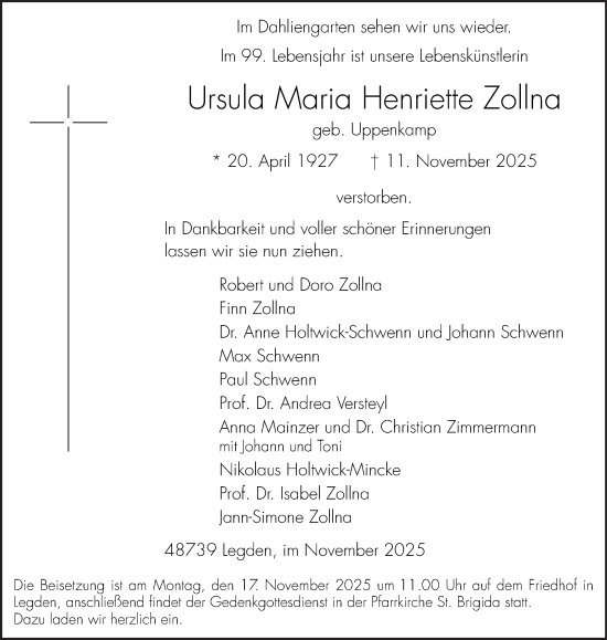 Traueranzeige von Ursula Maria Henriette Zollna von Münsterland Zeitung