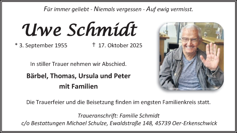  Traueranzeige für Uwe Schmidt vom 08.11.2025 aus Trauer Vest