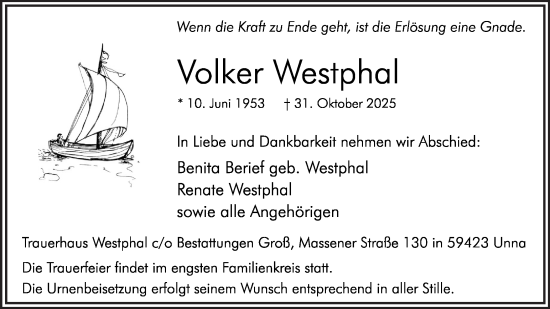 Traueranzeige von Volker Westphal von Hellweger Anzeiger