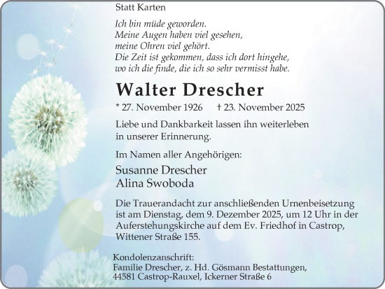 Traueranzeige von Walter Drescher von Stadtanzeiger Castrop-Rauxel