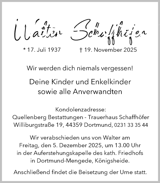 Traueranzeige von Walter Schaffhöfer von Ruhr Nachrichten