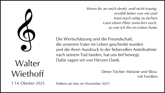 Traueranzeige von Walter Wiethoff von Ruhr Nachrichten und Halterner Zeitung