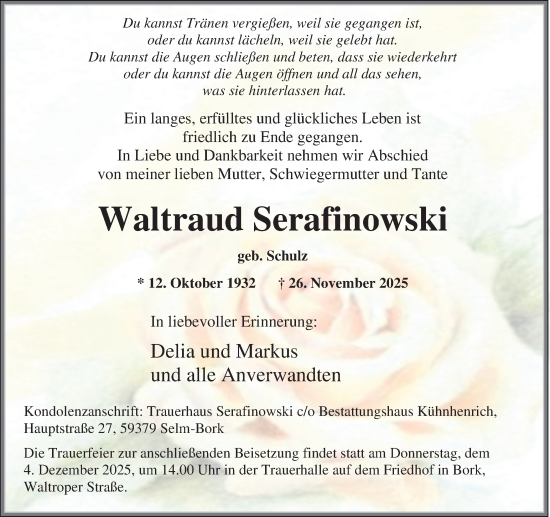 Traueranzeige von Waltraud Serafinowski von Ruhr Nachrichten