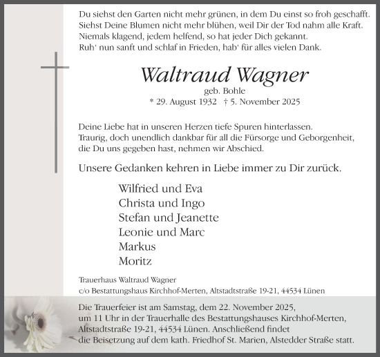 Traueranzeige von Waltraud Wagner von Ruhr Nachrichten