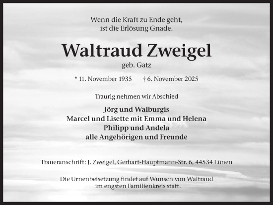 Traueranzeige von Waltraud Zweigel von Lüner Anzeiger