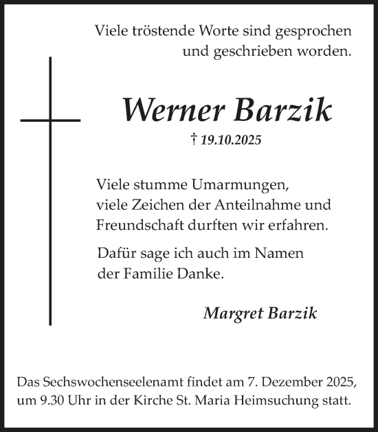 Traueranzeige von Werner Barzik von Trauer Vest
