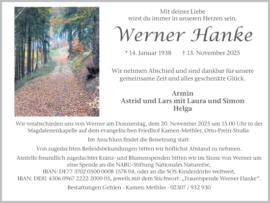 Traueranzeige von Werner Hanke von Hellweger Anzeiger