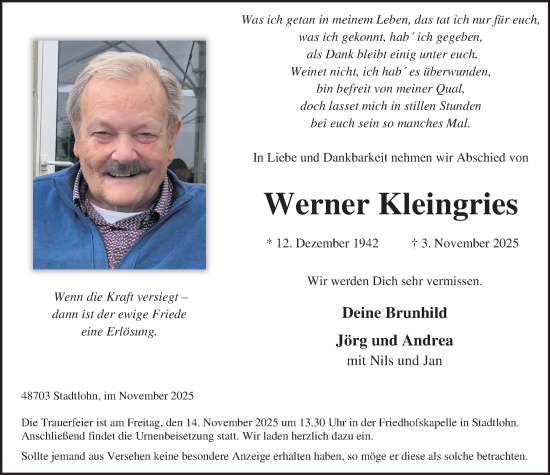 Traueranzeige von Werner Kleingries von Münsterland Zeitung