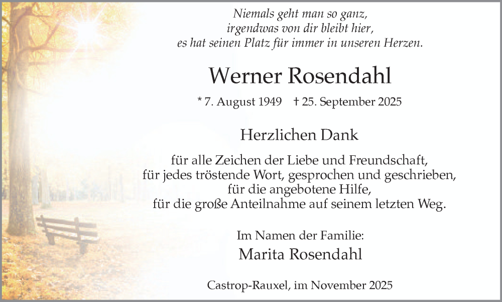  Traueranzeige für Werner Rosendahl vom 22.11.2025 aus Stadtanzeiger Castrop-Rauxel