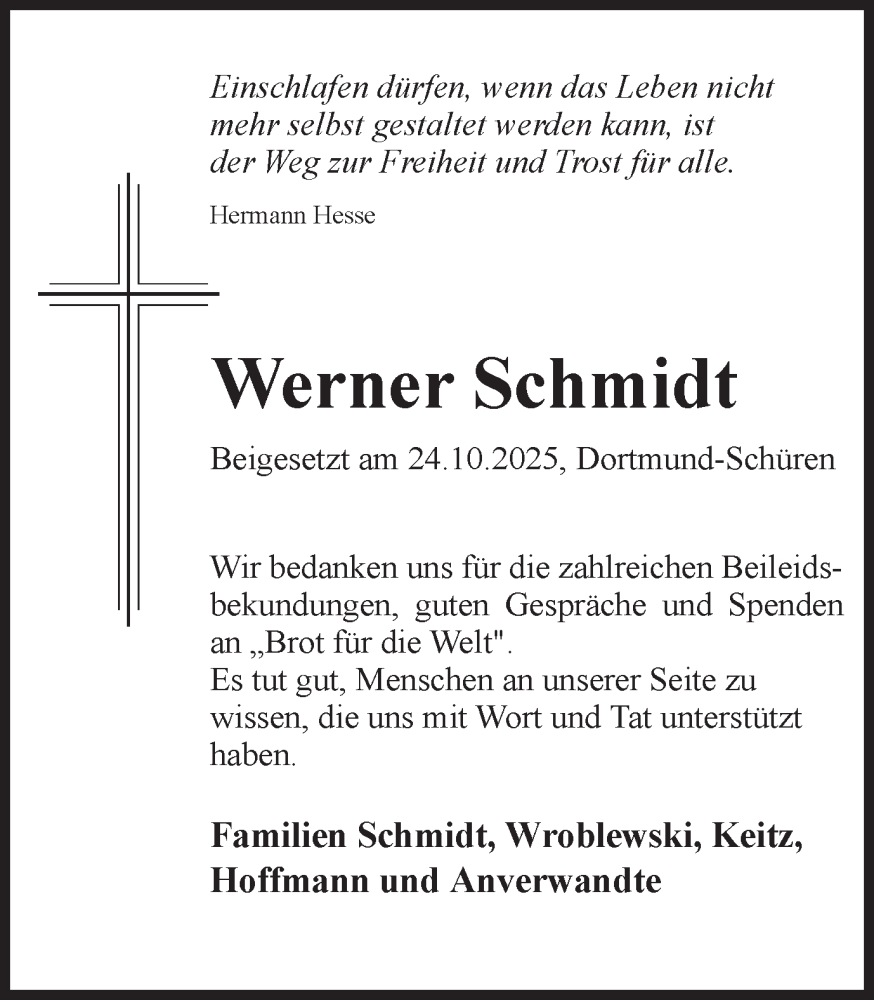 Traueranzeige für Werner Schmidt vom 15.11.2025 aus Ruhr Nachrichten
