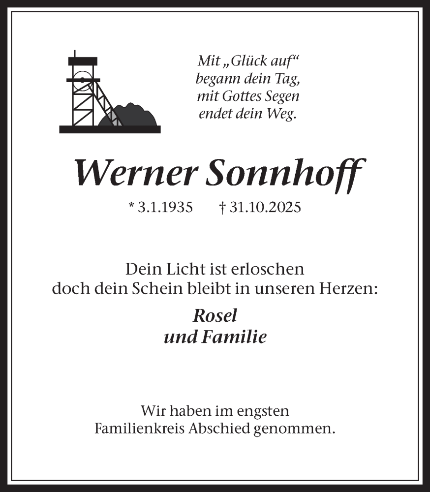  Traueranzeige für Werner Sonnhoff vom 15.11.2025 aus Trauer Vest