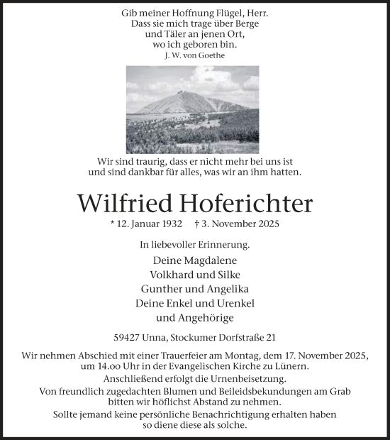 Traueranzeige von Wilfried Hoferichter von Hellweger Anzeiger