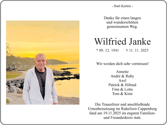 Traueranzeige von Wilfried Janke von Ruhr Nachrichten