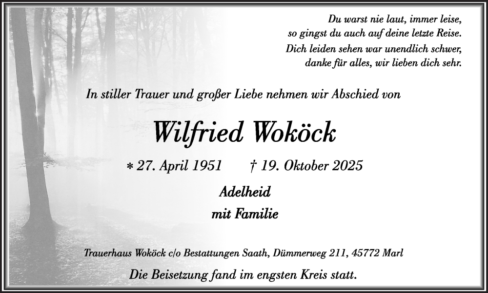  Traueranzeige für Wilfried Woköck vom 15.11.2025 aus Trauer Vest