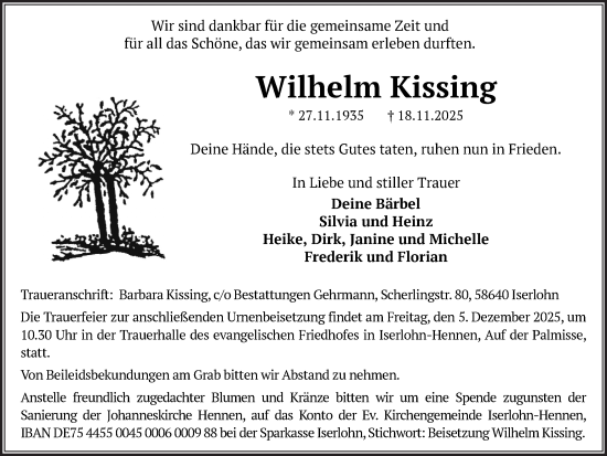 Traueranzeige von Wilhelm Kissing von Ruhr Nachrichten