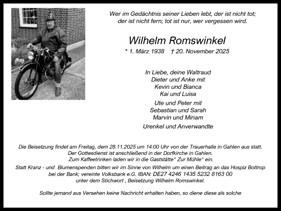 Traueranzeige von Wilhelm Romswinkel von Ruhr Nachrichten und Dorstener Zeitung