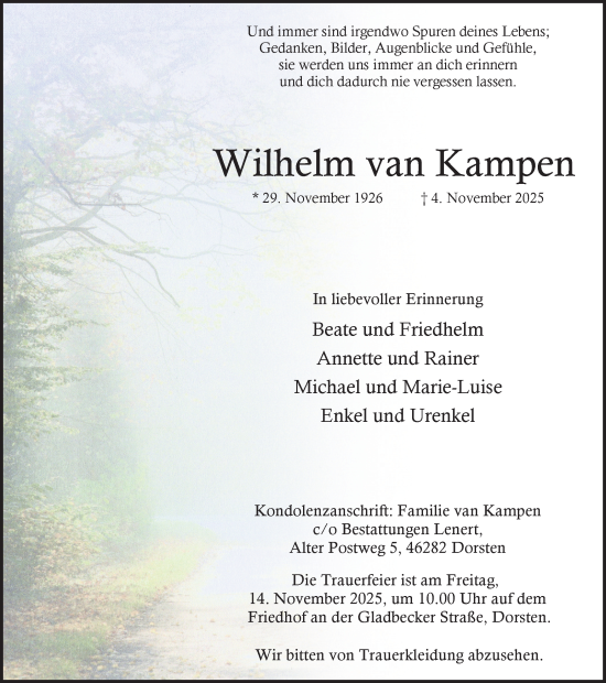 Traueranzeige von Wilhelm van Kampen von Ruhr Nachrichten und Dorstener Zeitung