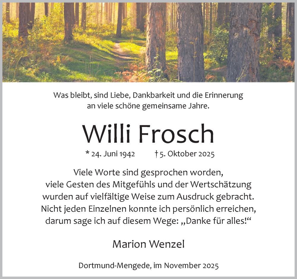  Traueranzeige für Willi Frosch vom 22.11.2025 aus Ruhr Nachrichten