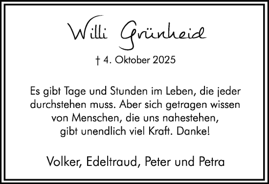 Traueranzeige von Willi Grünheid von Hellweger Anzeiger