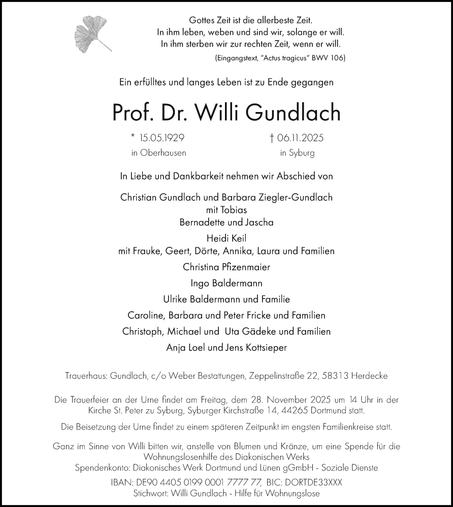  Traueranzeige für Willi Gundlach vom 22.11.2025 aus Ruhr Nachrichten