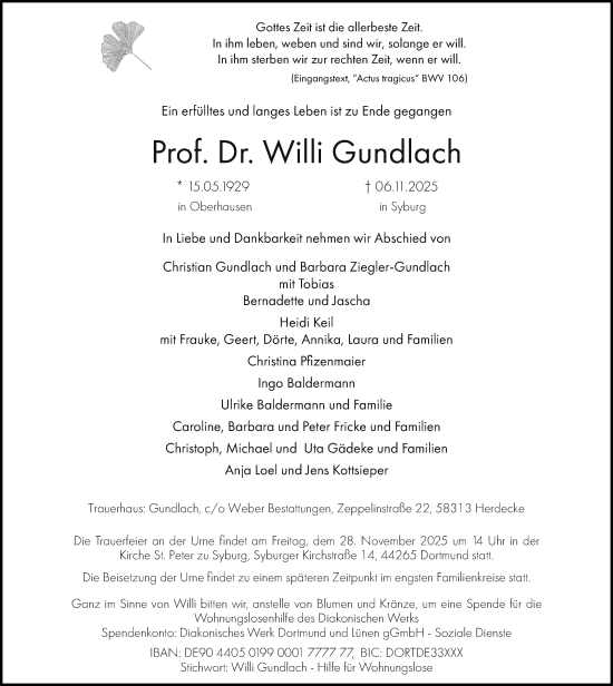 Traueranzeige von Willi Gundlach von Ruhr Nachrichten