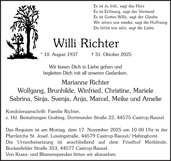 Traueranzeige von Willi Richter von Stadtanzeiger Castrop-Rauxel