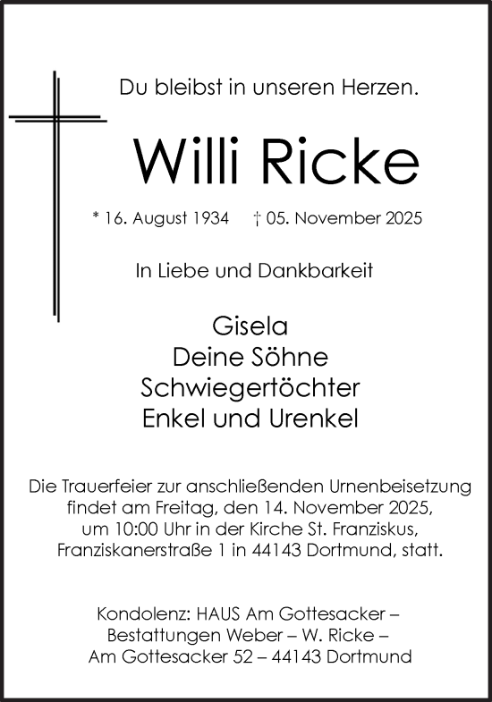 Traueranzeige von Willi Ricke von Ruhr Nachrichten