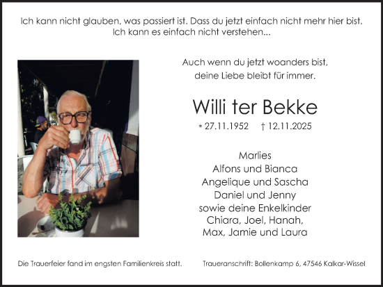 Traueranzeige von Willi ter Bekke 