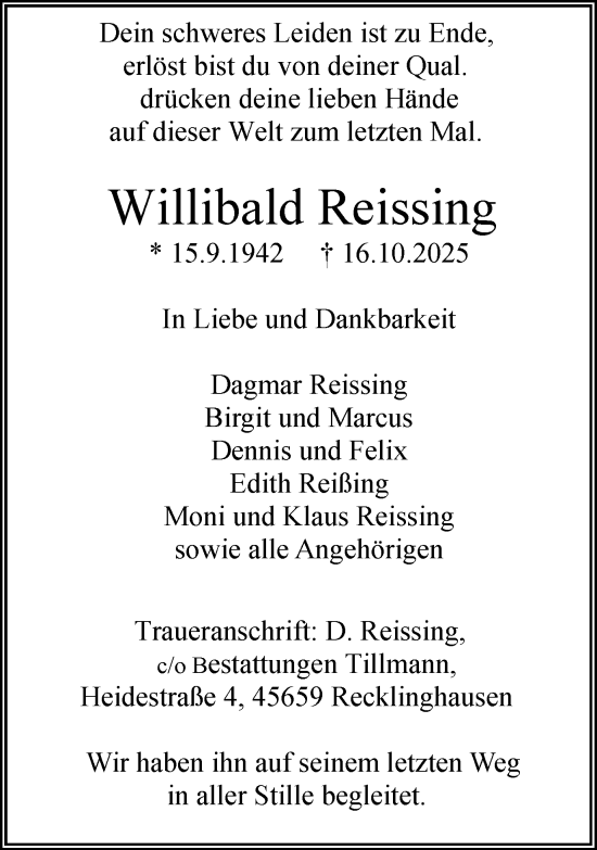 Traueranzeige von Willibald Reissing von Trauer Vest