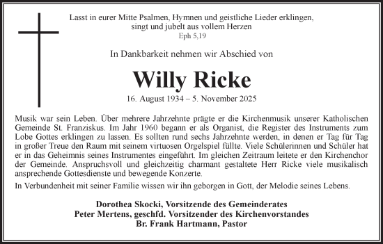 Traueranzeige von Willy Ricke von Ruhr Nachrichten