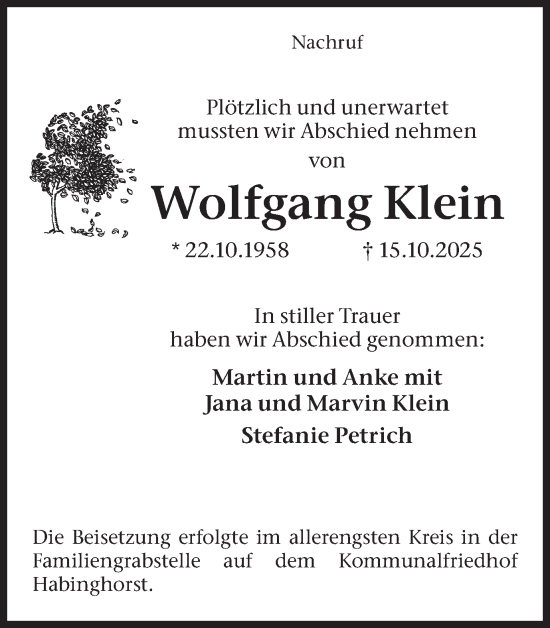 Traueranzeige von Wolfgang Klein von Stadtanzeiger Castrop-Rauxel