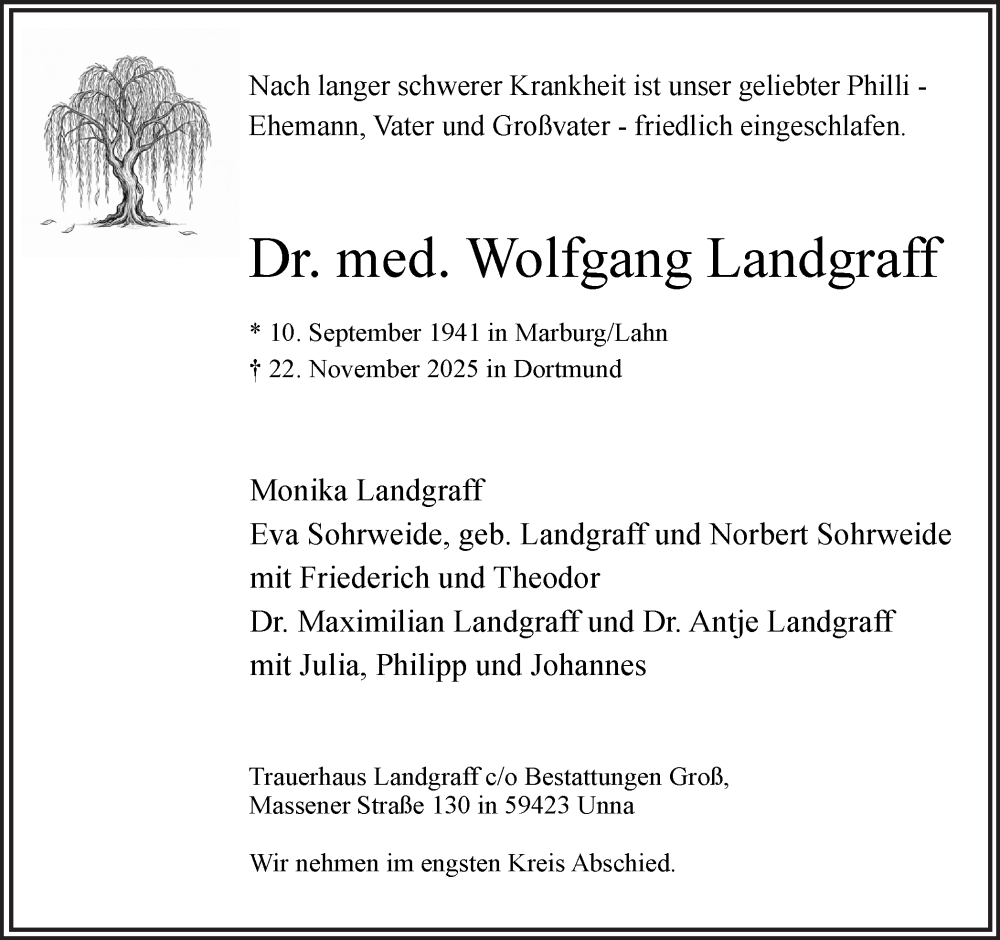  Traueranzeige für Wolfgang Landgraff vom 29.11.2025 aus Hellweger Anzeiger