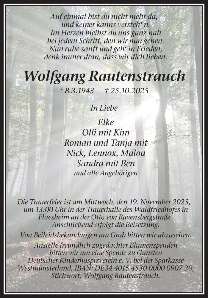  Traueranzeige für Wolfgang Rautenstrauch vom 15.11.2025 aus Ruhr Nachrichten und Halterner Zeitung
