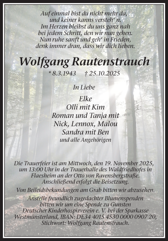 Traueranzeige von Wolfgang Rautenstrauch von Ruhr Nachrichten und Halterner Zeitung