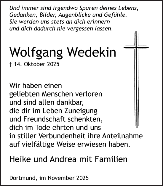 Traueranzeige von Wolfgang Wedekin von Ruhr Nachrichten