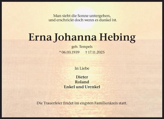 Traueranzeige von Erna Johanna Hebing  von Bocholter-Borkener Volksblatt