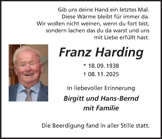 Traueranzeige von Franz Harding von Ruhr Nachrichten