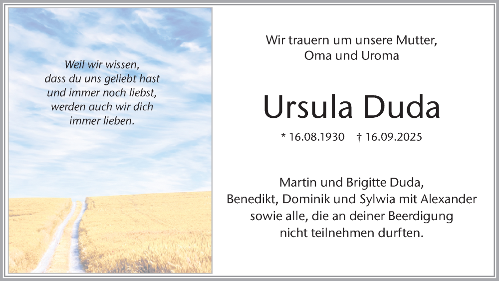  Traueranzeige für Ursula Duda vom 29.11.2025 aus Ruhr Nachrichten